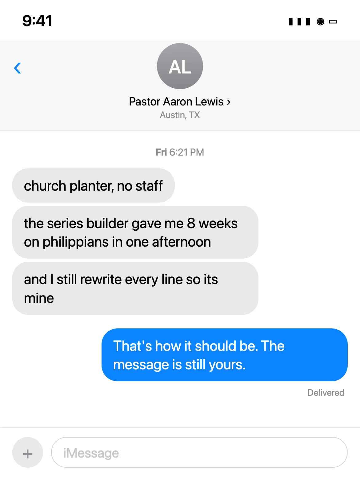 Text message from Pastor Aaron Lewis, Austin, TX