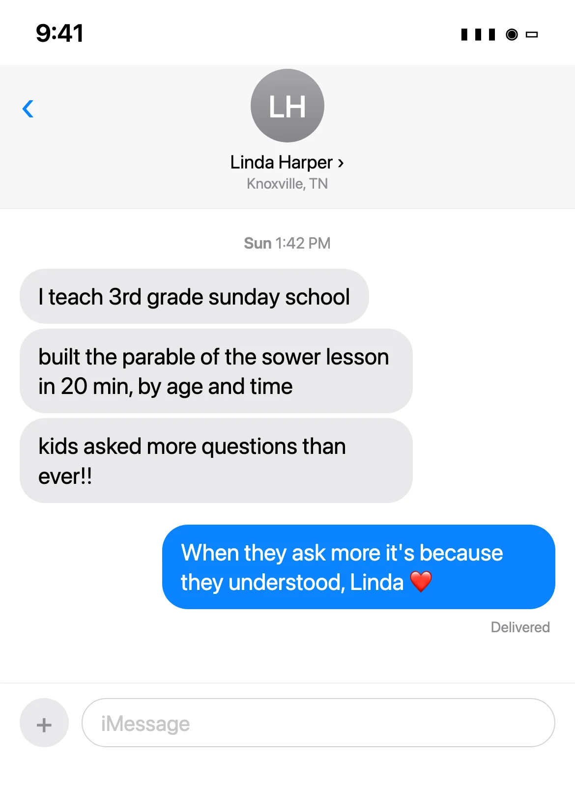 Text message from Linda Harper, Knoxville, TN